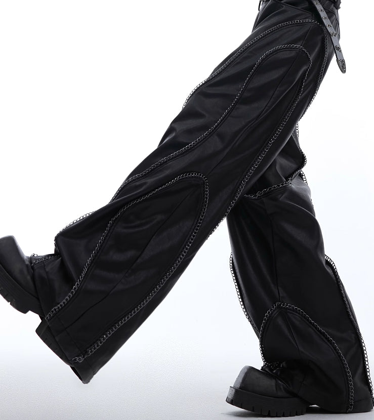 Make Old Metal Chain Wrapped Leather Casual Pants