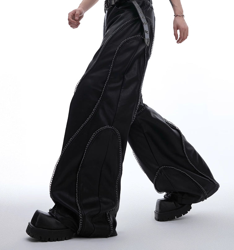 Make Old Metal Chain Wrapped Leather Casual Pants